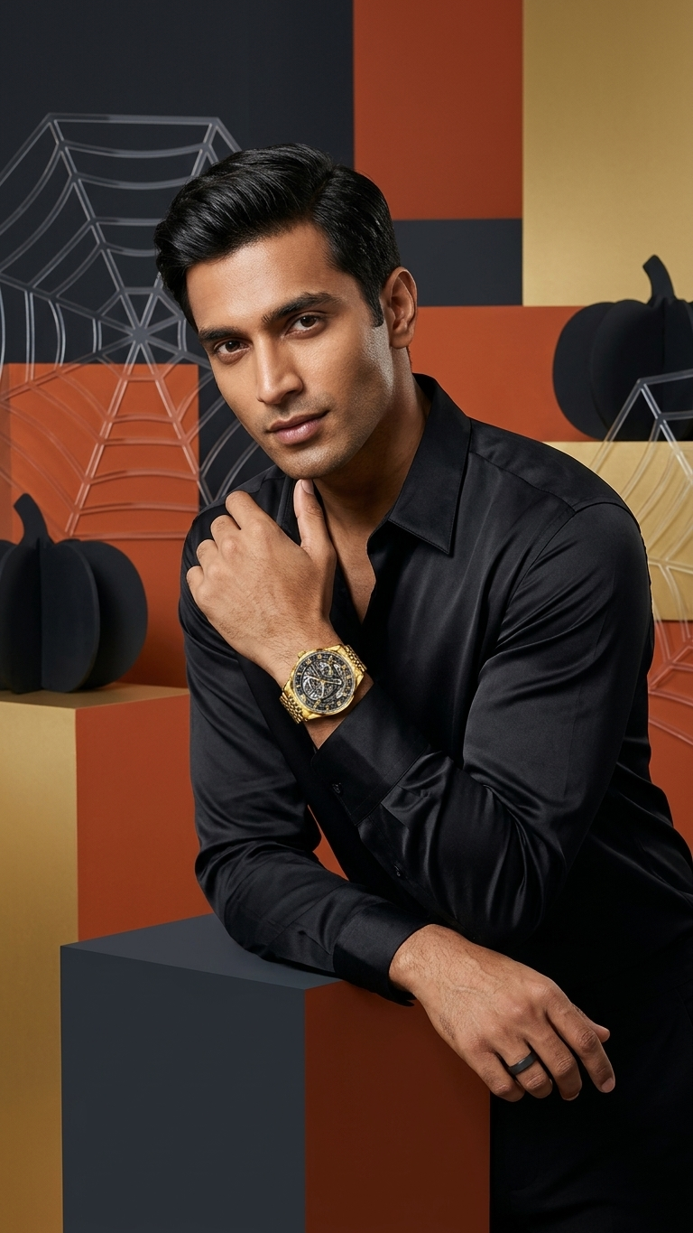 Gold-tone automatic skeleton watch, steel case, leather strap, sapphire crystal — statement piece