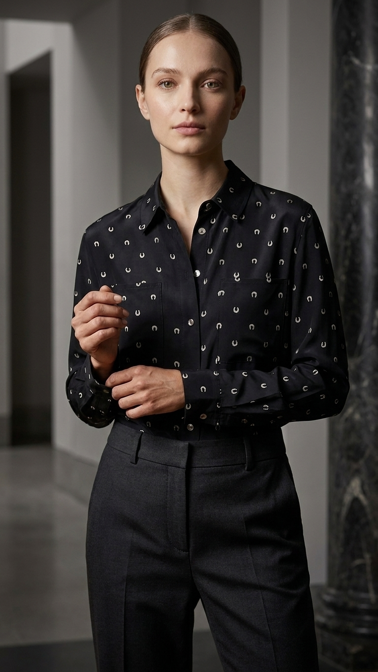 Stretch Silk Equestrian Print Loose Shirt