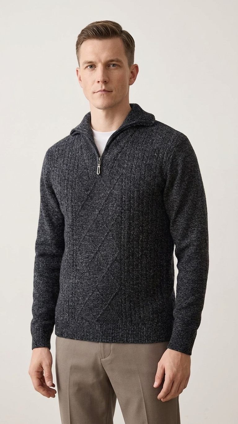 Asymmetric Zip Cable Knit Wool Sweater — Black Grey