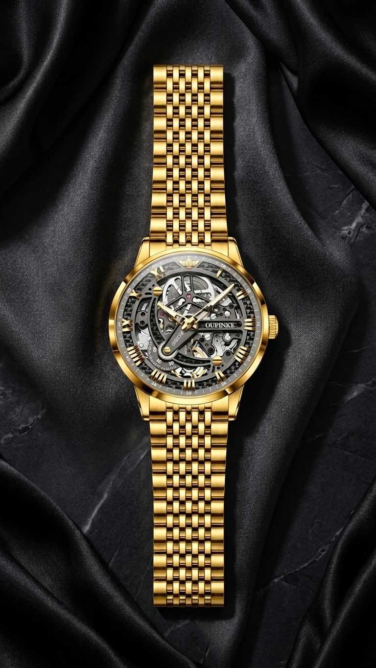 Gold-tone automatic skeleton watch, steel case, leather strap, sapphire crystal — statement piece
