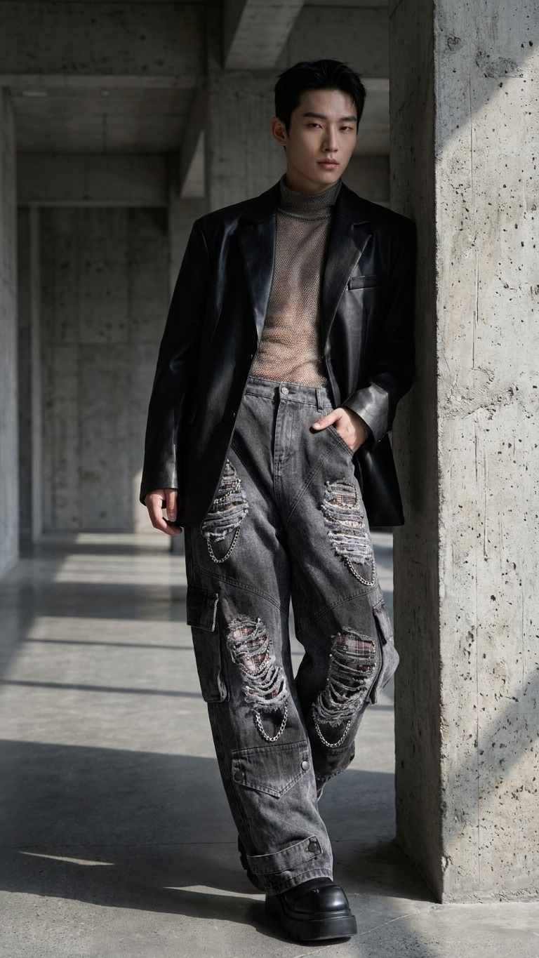 Deconstructed Distressed Wide-Leg Denim – Raw-Edge Panel Jeans