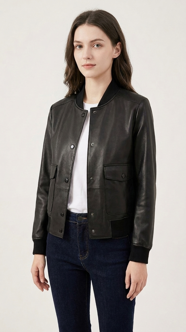 Collarless Straight-Cut Leather Jacket