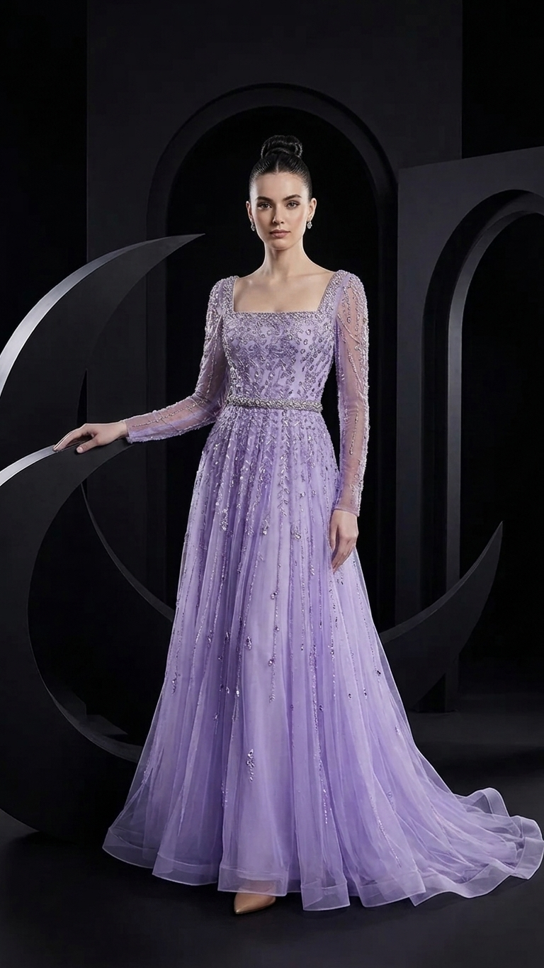 Sparkly Long-Sleeve Beaded Evening Gown — Zipper Ball Gown