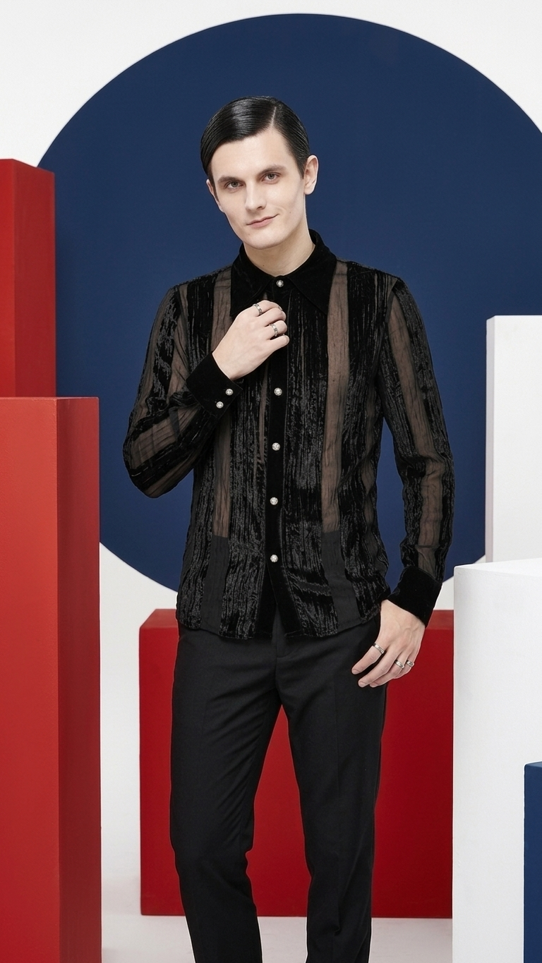 Devoré Velvet Stripe Shirt — Textured Black Long-Sleeve, Pleated Front