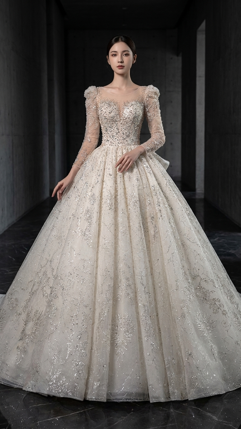 Vintage Court-Style Long-Sleeve Trailing Ball Gown