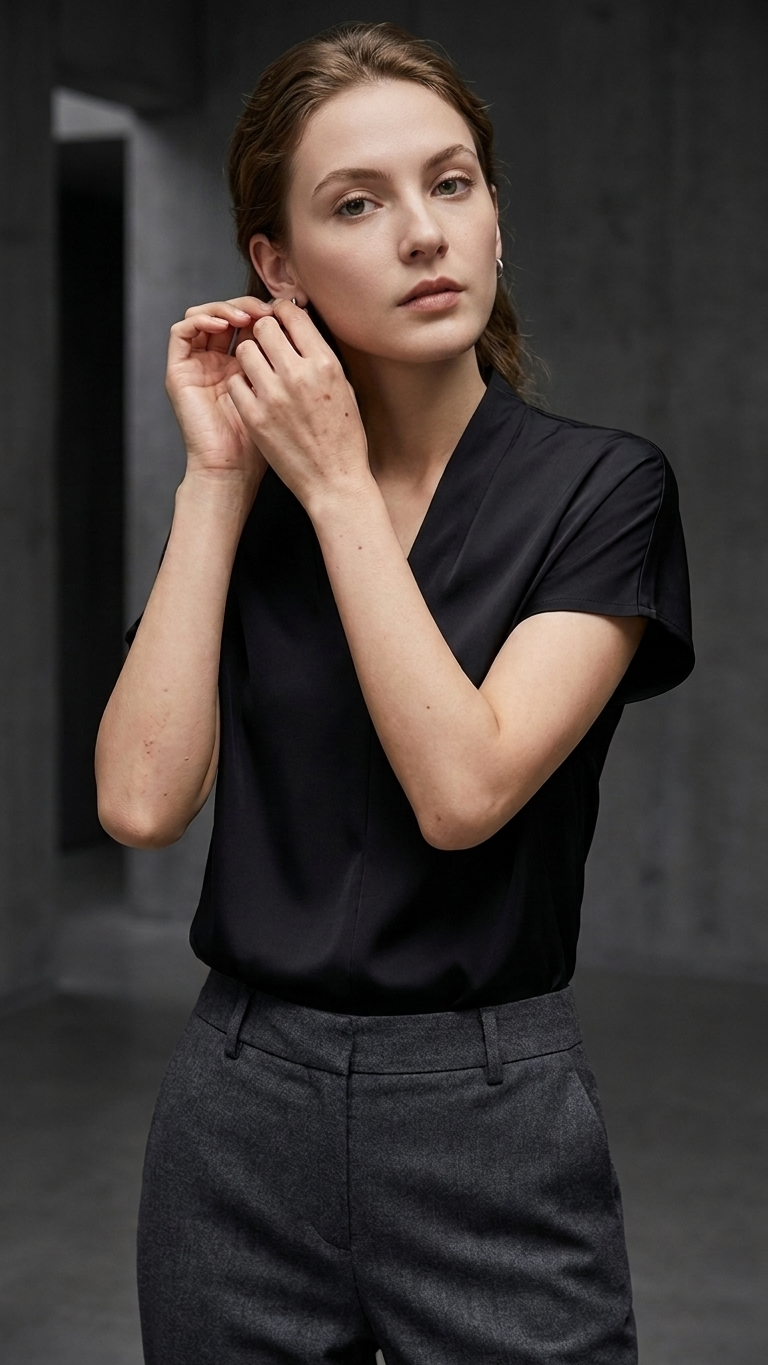 Draped V-Neck Short Sleeve Blouse Tops