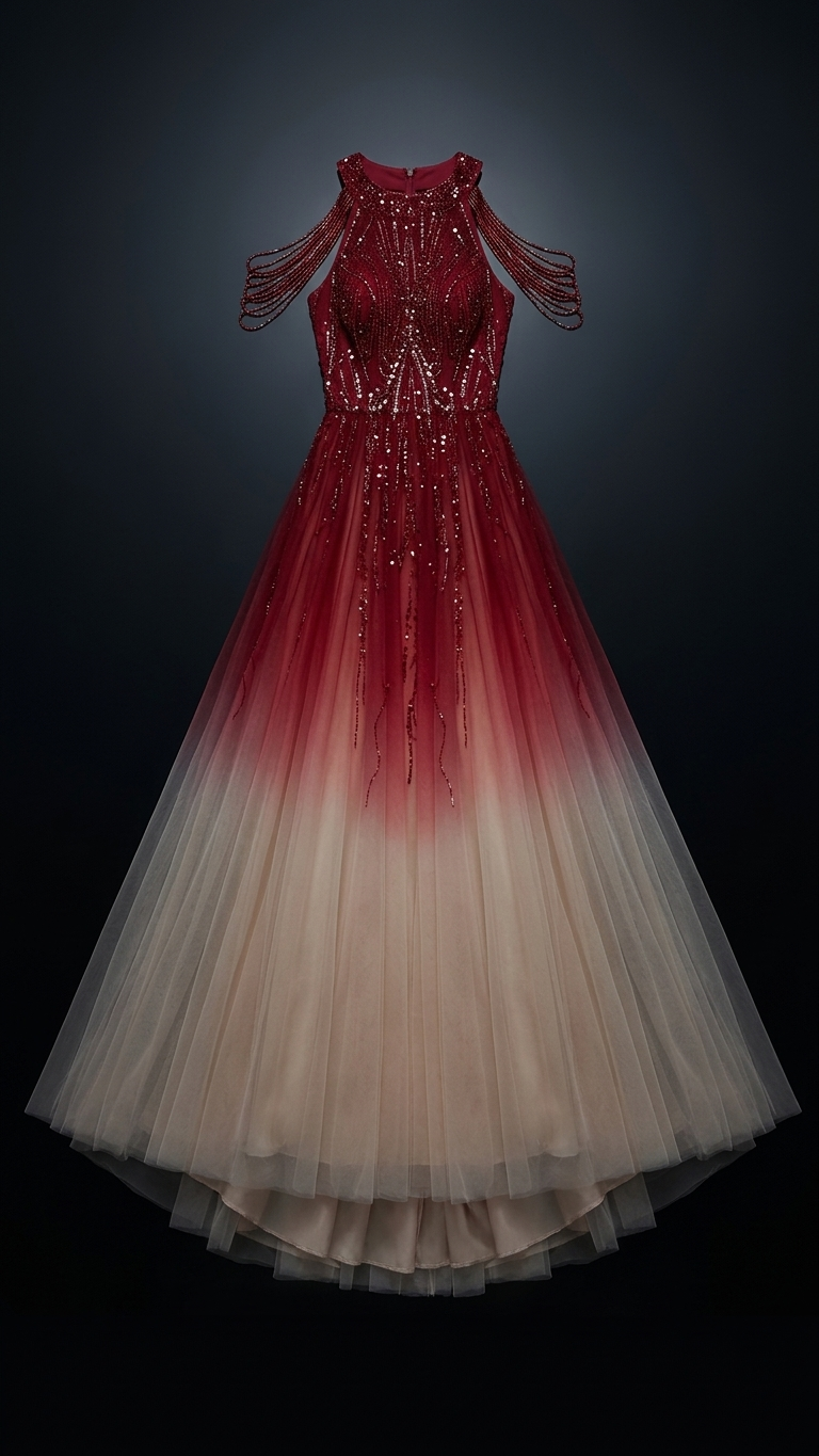 Beaded Ombré Halter Evening Gown with Sweeping Train