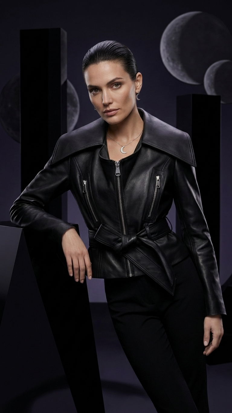 Cropped Structured Moto Jacket — Architectural Leather-Look Biker Silhouette