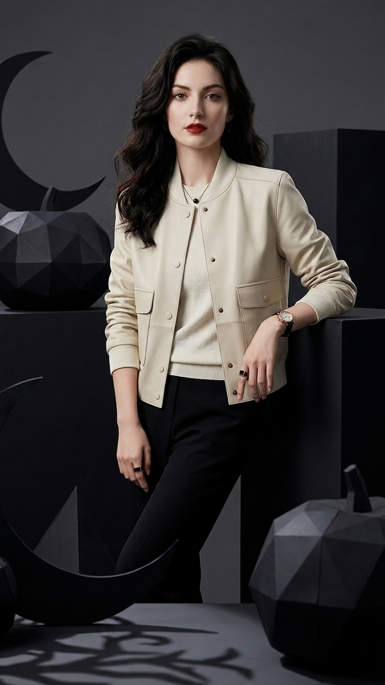 Collarless Straight-Cut Leather Jacket