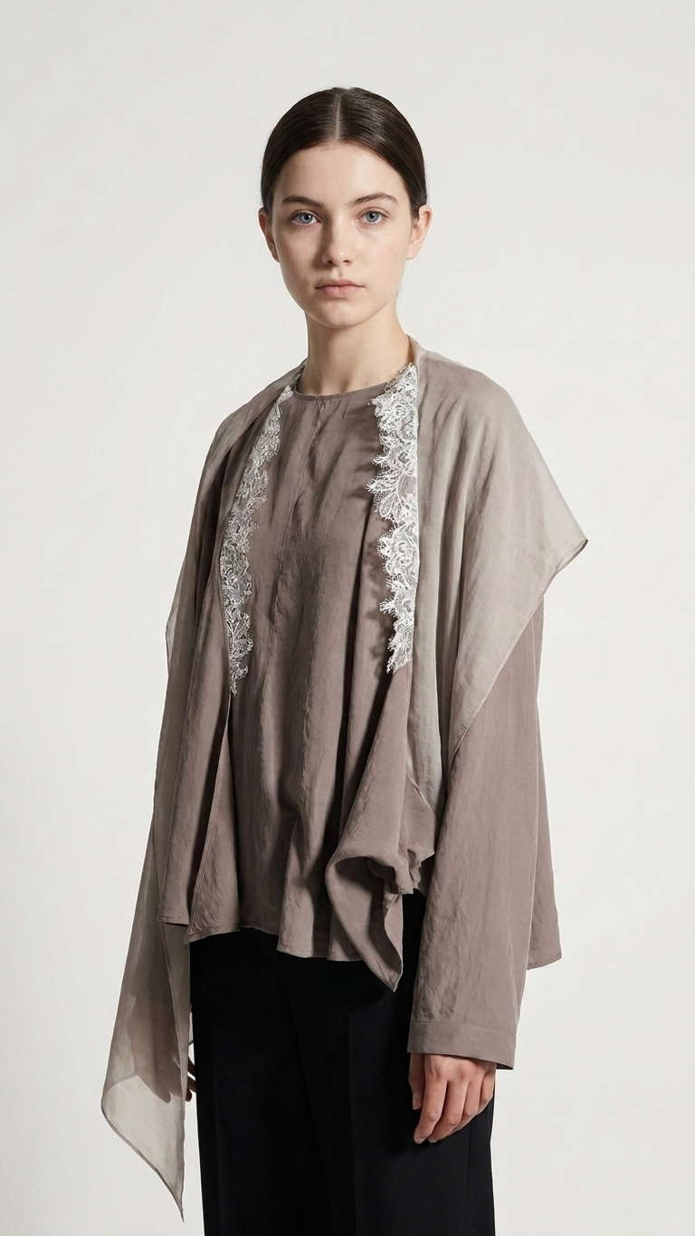 Long Ribbon Tie-Neck Draped Wide Sleeve Blouse Shirt