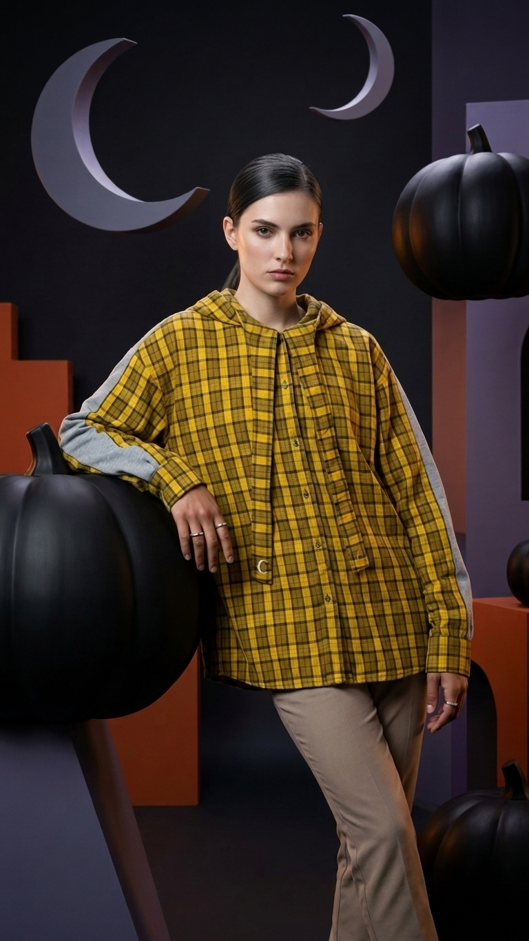 Oversized Hooded Check Overshirt — Relaxed Cotton Cloak Silhouette