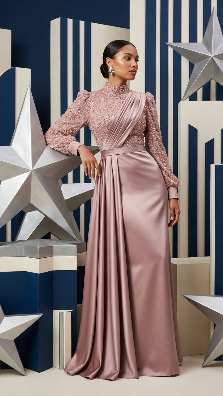 The Meridian — Beaded Stand-Collar Gown | Detachable Satin Overlay