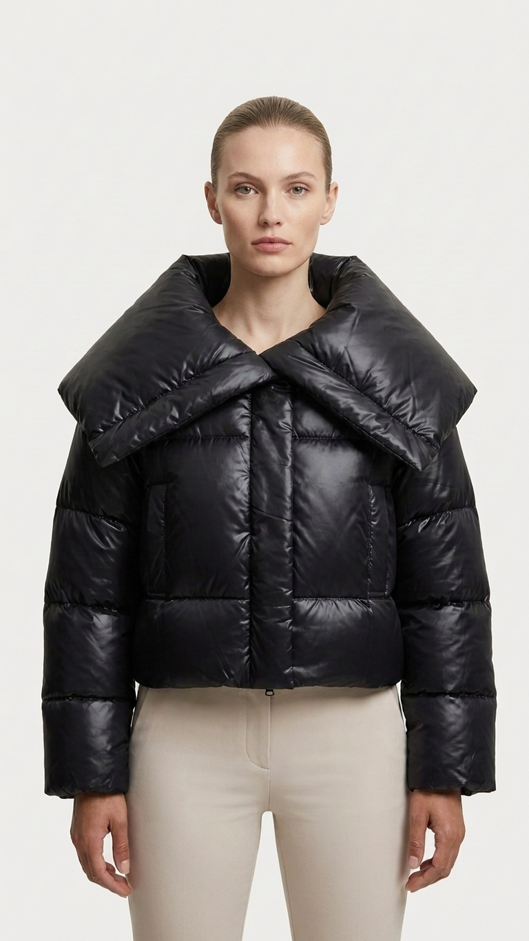 Black Oversized Collar Short Puffer Jacket