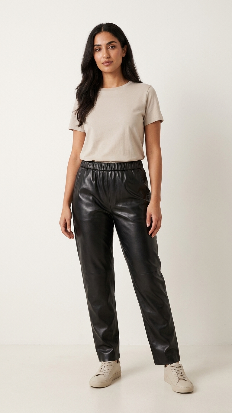 Genuine Leather Straight-Leg Trousers — High-Waist Champagne Sheepskin Pants