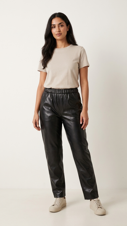 Genuine Leather Straight-Leg Trousers — High-Waist Champagne Sheepskin Pants