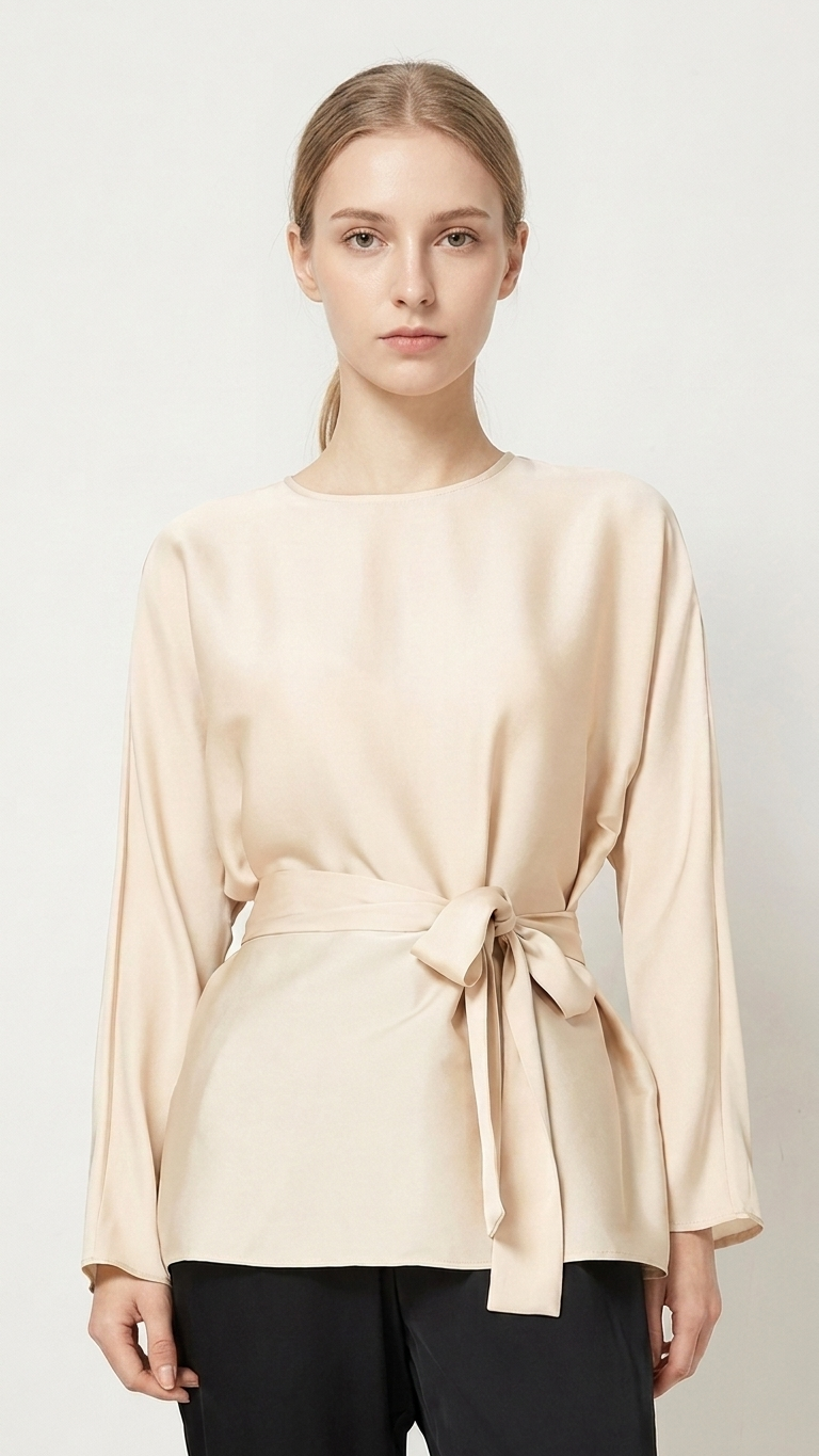 Loose Minimalist Tie-Waist Round Neck Satin Shirt