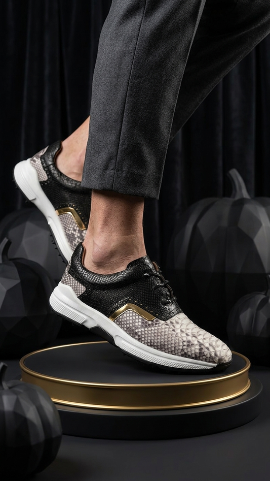 Python-Embossed Leather Chunky Sneaker — Black & Stone Statement Trainer
