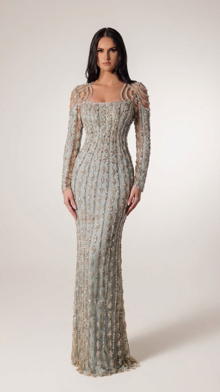 Embellished Lace Long Sleeve Fishtail Gown — Formal Evening Dress