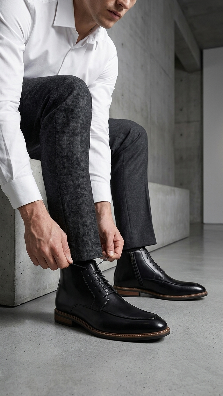 Black polished leather high-top business boot