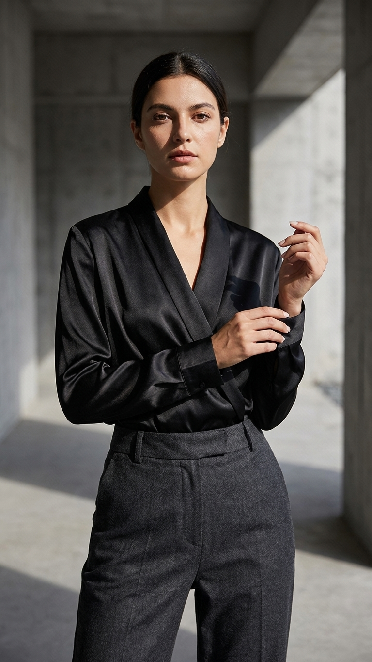 Silk Wrap Blouse — Crossover V-Neck Elegant Commute Top Shirts