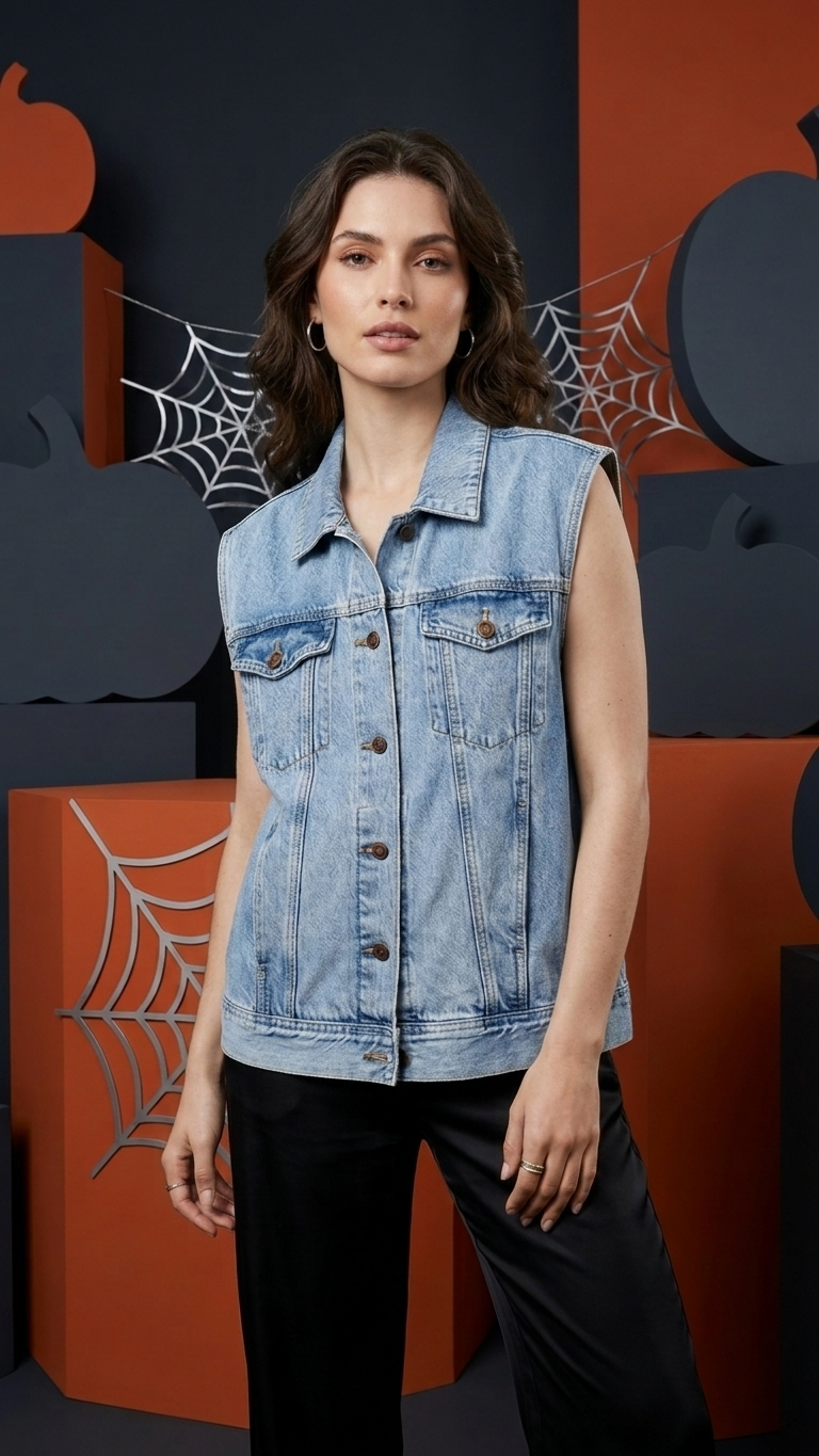 Contrast-Stitch Cotton Denim Vest — Relaxed Fit Sleeveless Layering Jacket