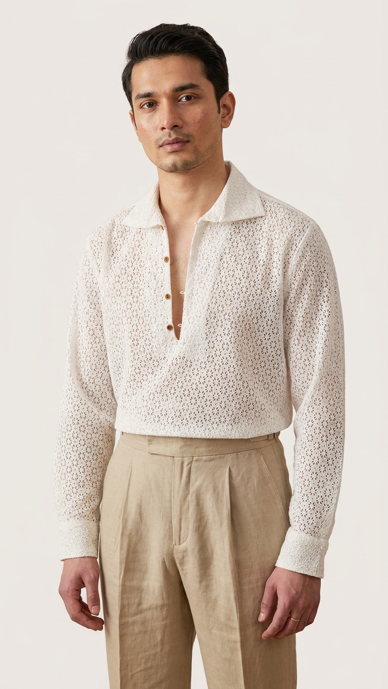 Open Collar Crochet Cotton Shirt — Long Sleeve Textured Knit, White