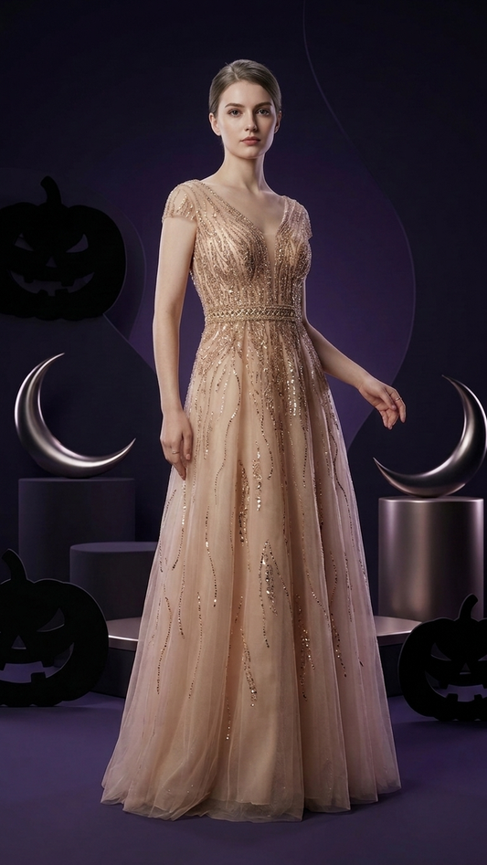 Champagne Deep-V Beaded Evening Gown,Cap Sleeve A-Line Mesh