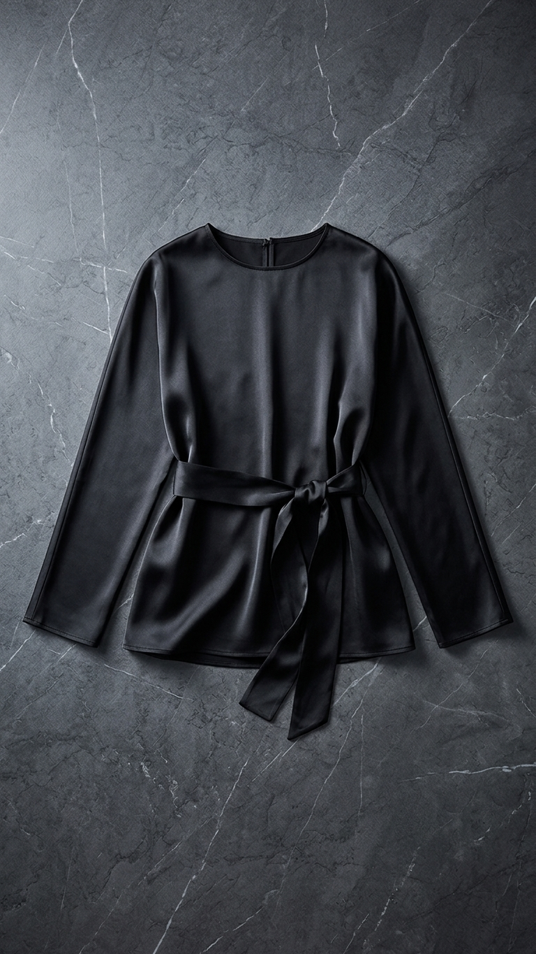 Loose Minimalist Tie-Waist Round Neck Satin Shirt
