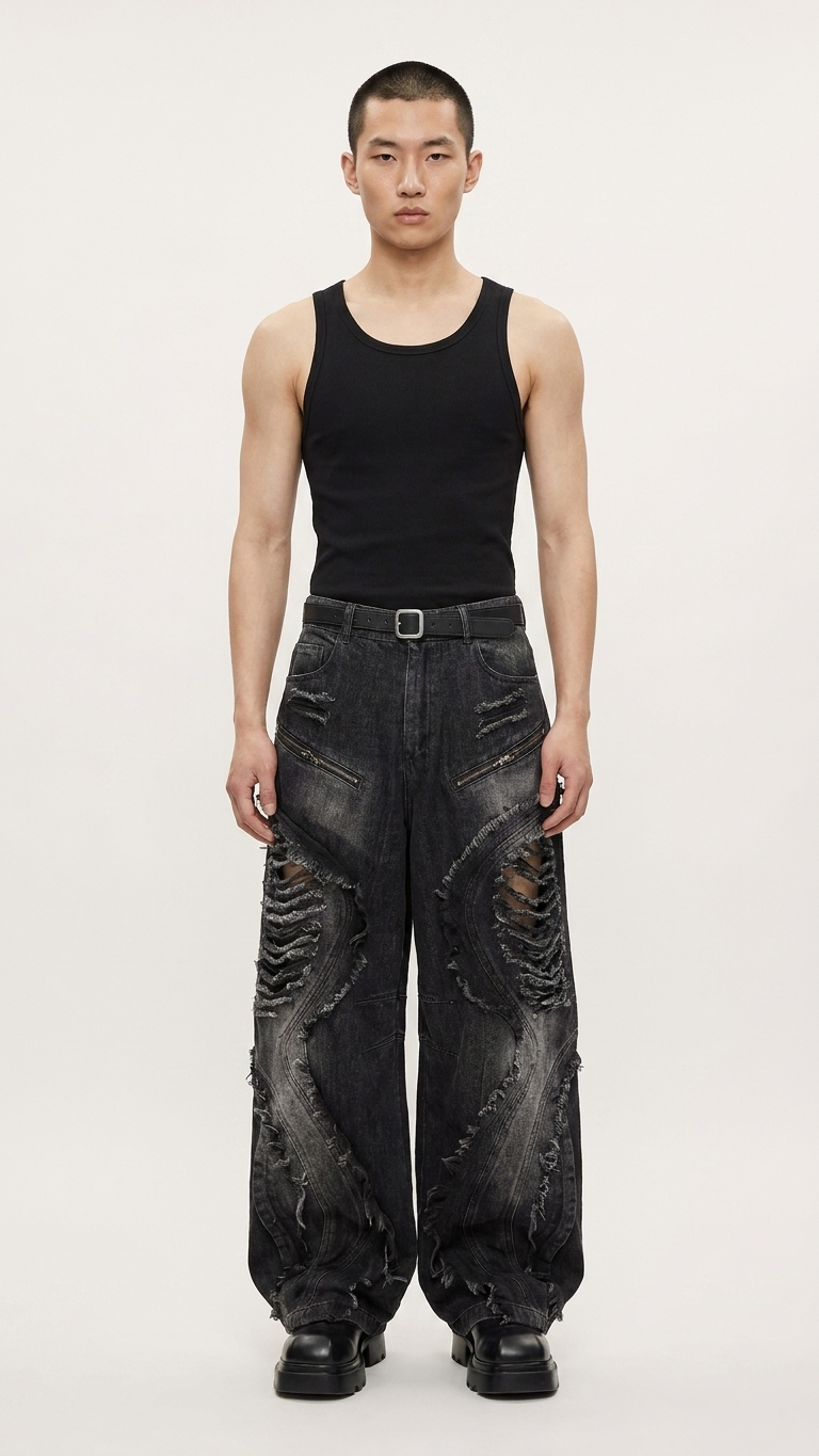 American-Style Deconstructed Distressed Wide-Leg Jeans — Patchwork Denim