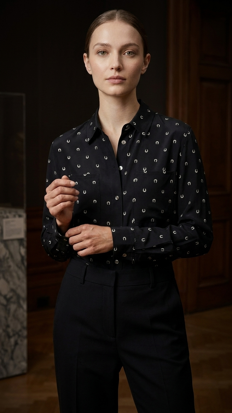 Stretch Silk Equestrian Print Loose Shirt