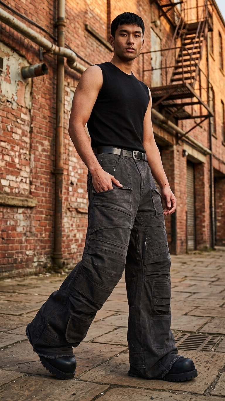 Heavy Industry Washed Wide-Leg Denim — Distressed Worn-In Silhouette