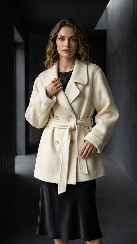 Ivory Belted Wool-Blend Midi Coat