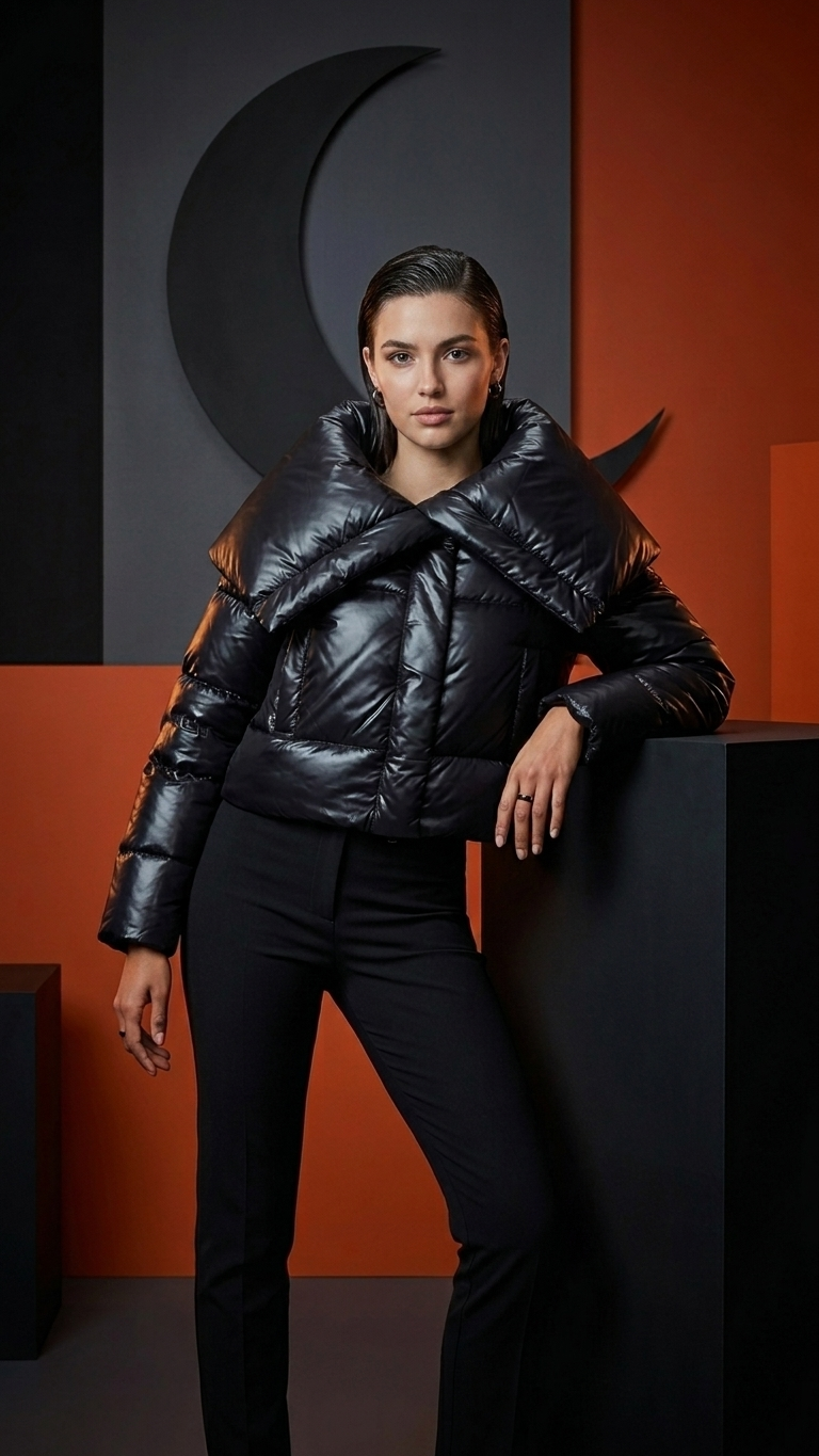 Black Oversized Collar Short Puffer Jacket