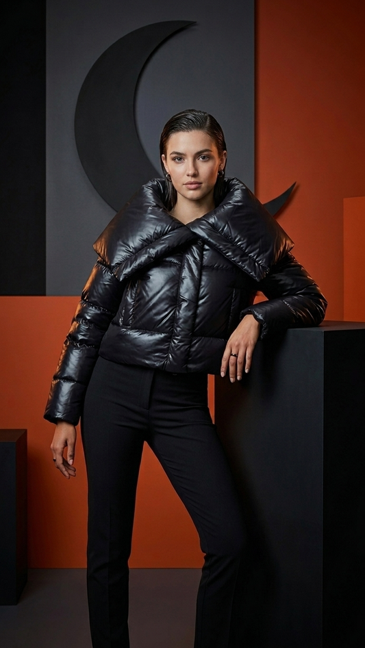 Black Oversized Collar Short Puffer Jacket