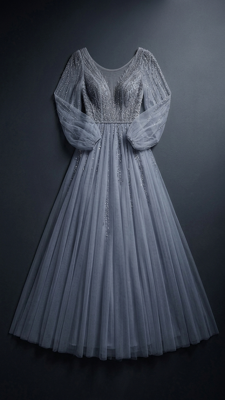 Beaded Illusion-Sleeve Tulle Evening Gown in Soft Grey