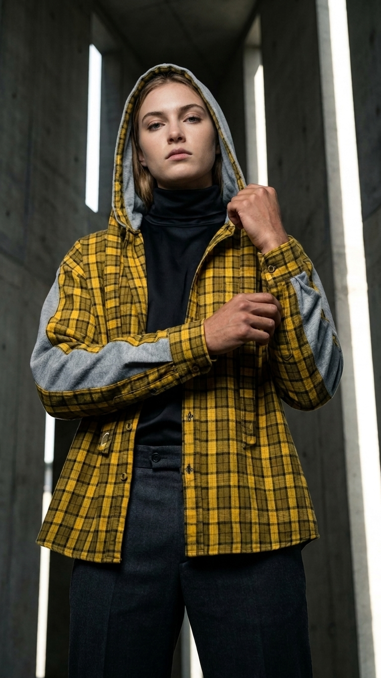Oversized Hooded Check Overshirt — Relaxed Cotton Cloak Silhouette