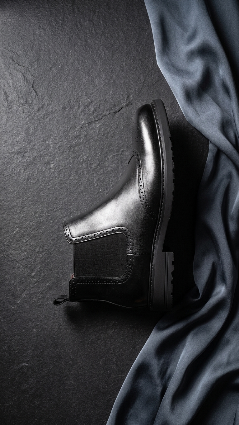 Black leather Chelsea boot with brogue detailing. Formal-to-casual versatility