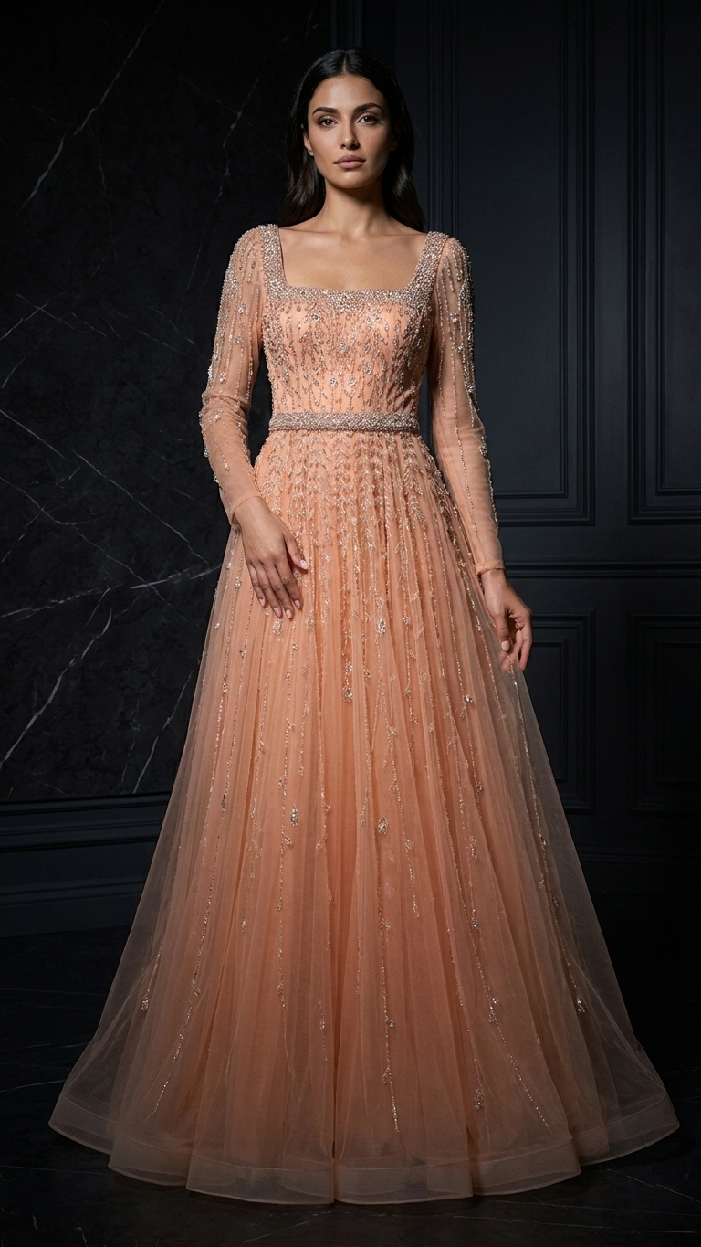 Sparkly Long-Sleeve Beaded Evening Gown — Zipper Ball Gown