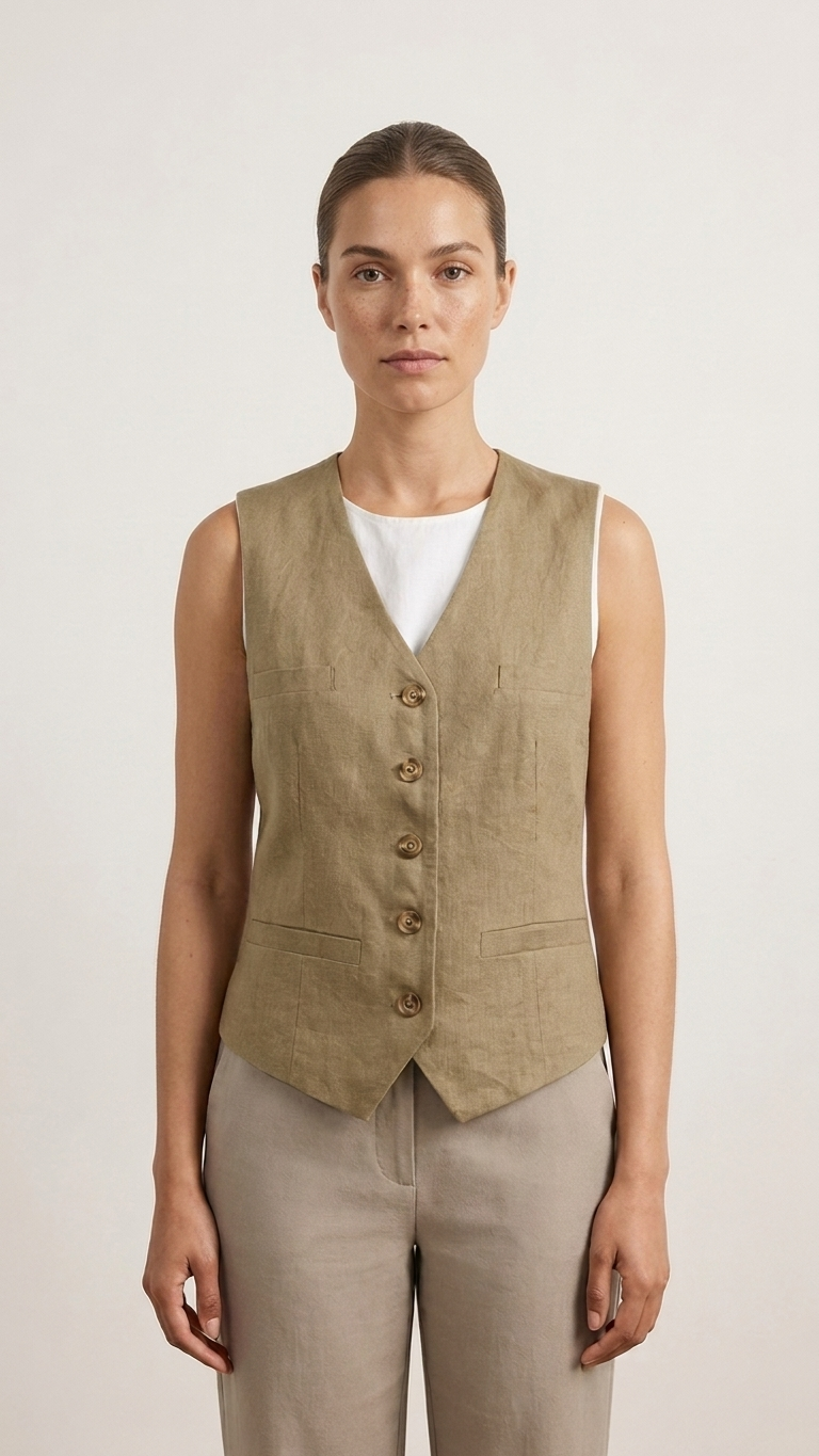 Tailored Linen Vest — Sleeveless Button-Front Waistcoat