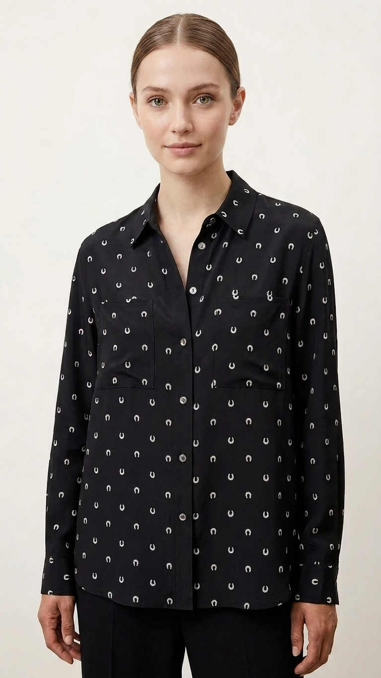 Stretch Silk Equestrian Print Loose Shirt