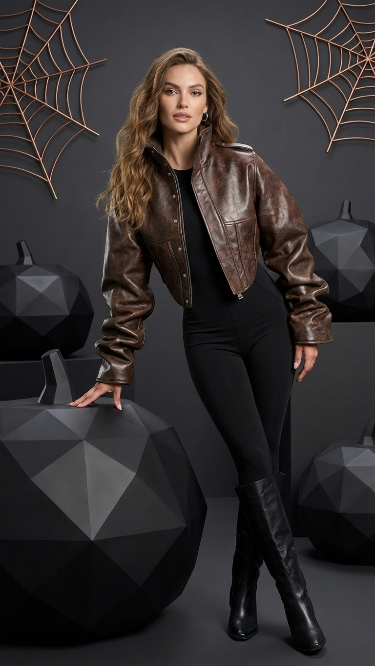 Structured Cropped Leather Jacket — Sculpted Sleeve Statement Coat, Brown