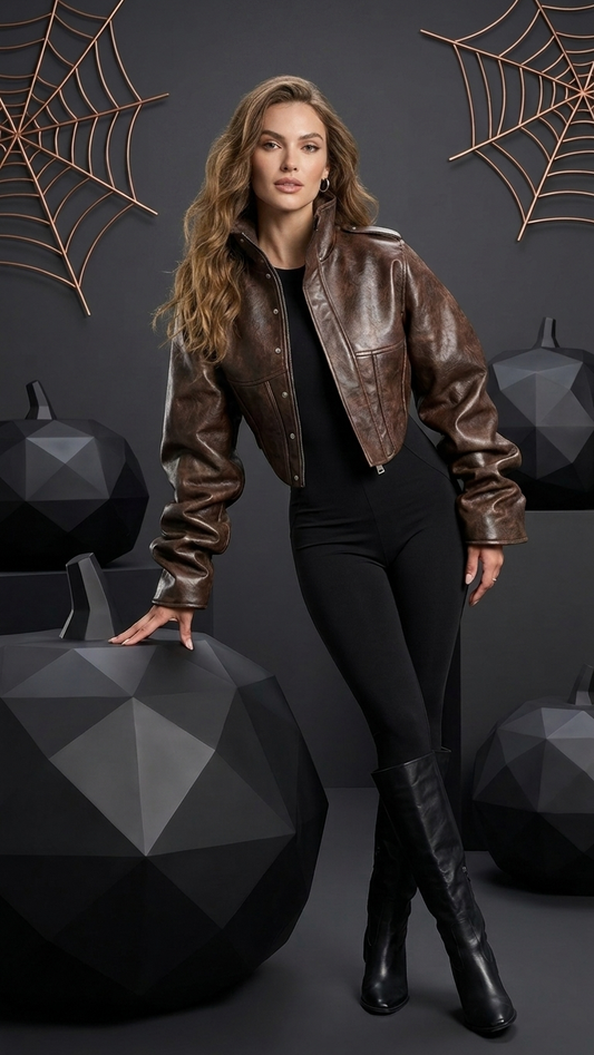 Structured Cropped Leather Jacket — Sculpted Sleeve Statement Coat, Brown