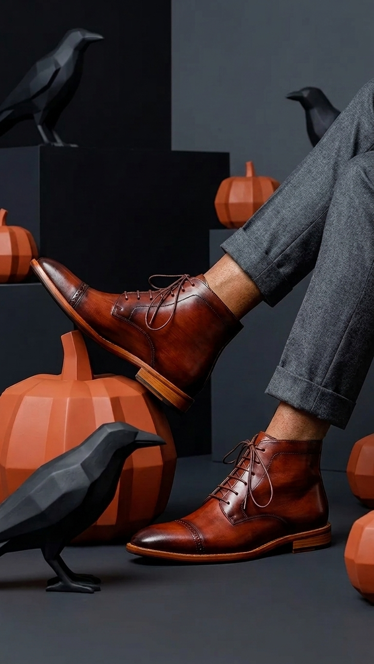 Black cap-toe lace-up leather boot with contrast tan welt sole