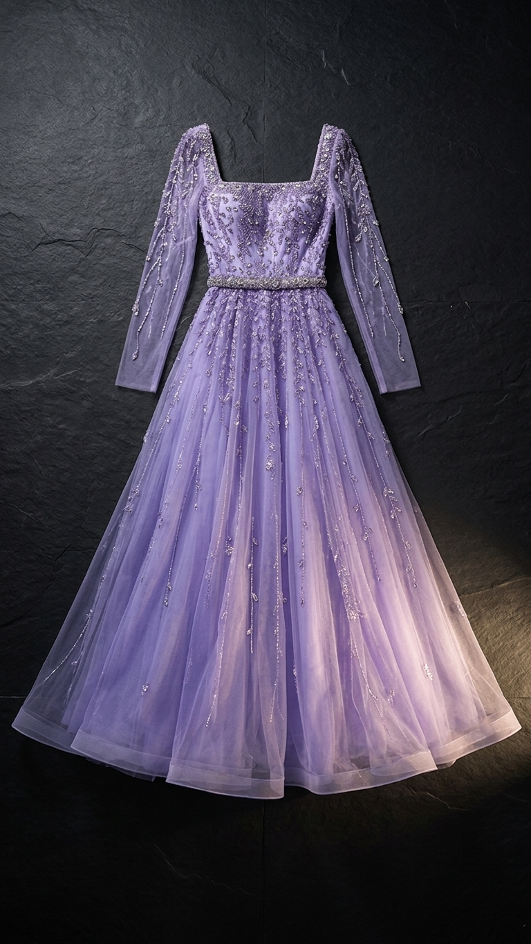 Sparkly Long-Sleeve Beaded Evening Gown — Zipper Ball Gown