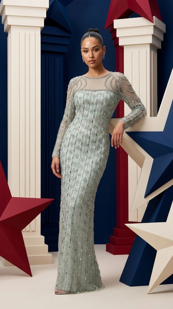 Embellished Lace Long Sleeve Fishtail Gown — Formal Evening Dress