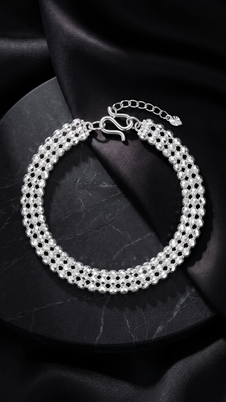 Sterling Silver-Tone Sparkle Bead Open Cuff Bracelet