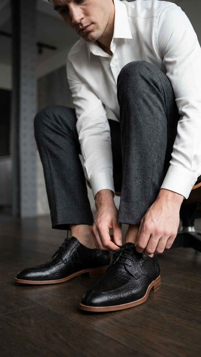 Black crocodile-embossed leather derby with contrast tan sole