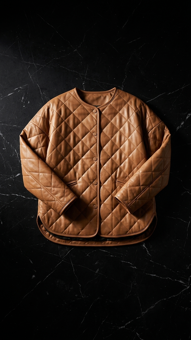 Quilted Faux Leather Jacket — Diamond Stitch, Camel & Black