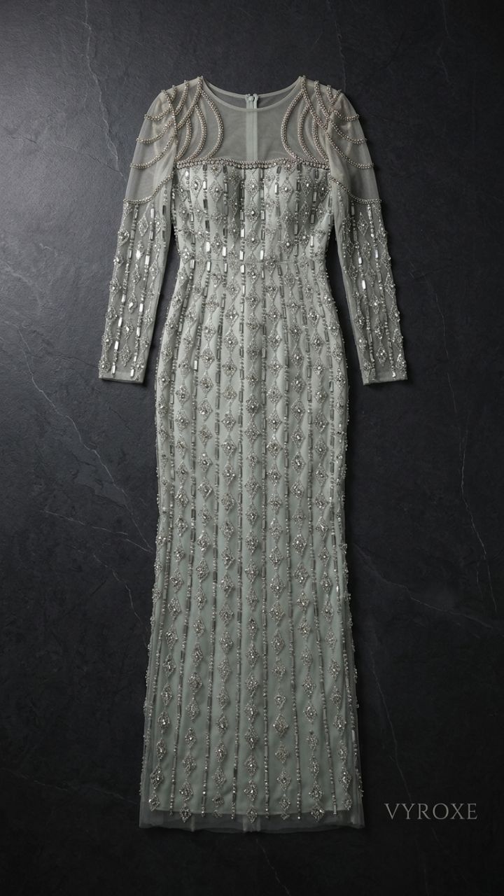 Embellished Lace Long Sleeve Fishtail Gown — Formal Evening Dress