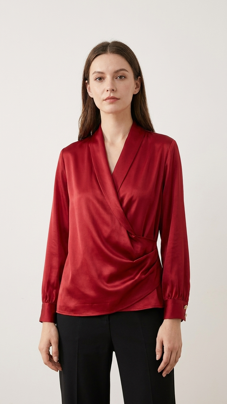 Silk Wrap Blouse — Crossover V-Neck Elegant Commute Top Shirts